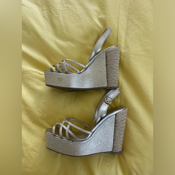 SERGIO ROSSI Light metallic gold leather and jute platform wedge sandals - Picture 2 of 5